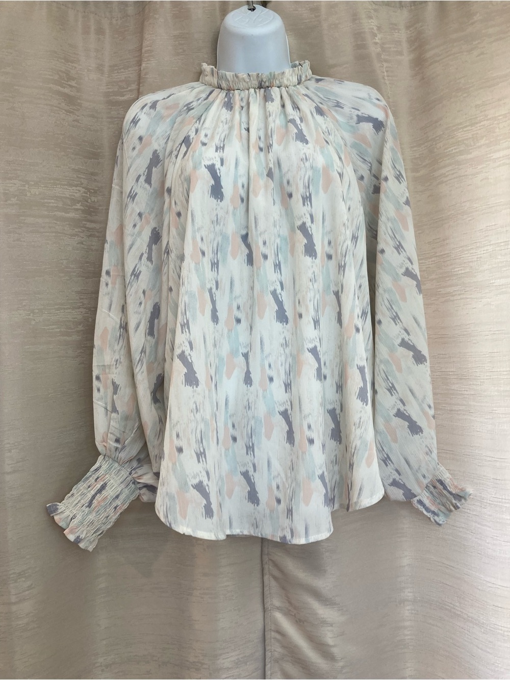 glam Cream Multi Smocked Neck Long-Sleeve Blouse Medium